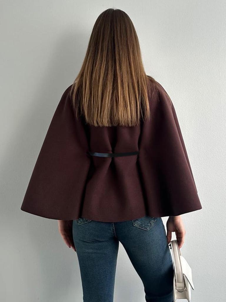 Moda Invernale Donna Stile Elegante Colore Puro Cintura con Cintura Cappotto Mantella in Lana