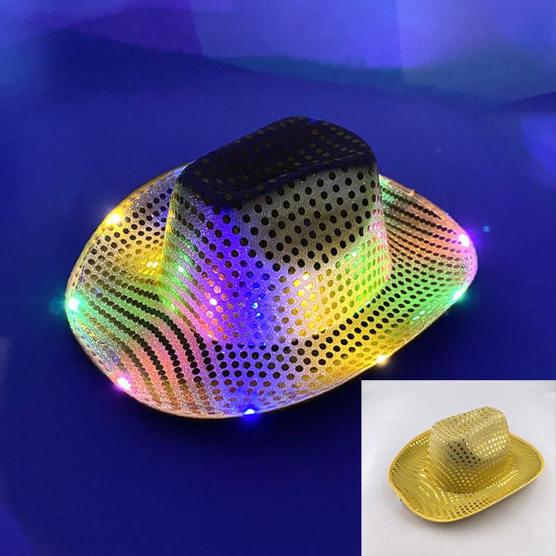 Four Color Led Light Up Western Cowboy Hat With Sequin Pattern For Party Cosplay Stage Performance