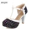 Spike Heel Women Pumps T-strap Round Toe Platform Shoes Female Buckle Strap Bowknot Party Pumps For Girlfriends