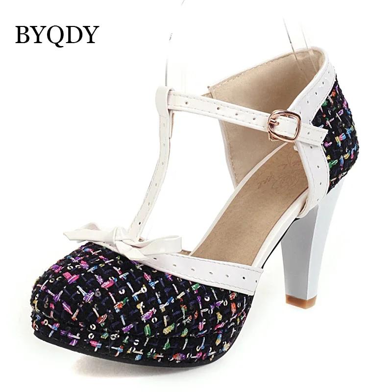 Fashion Fashion Spike Heel Women Pumps T-strap Round Toe Platform Shoes Female Buckle Strap Bowknot Party Pumps For Girlfriends