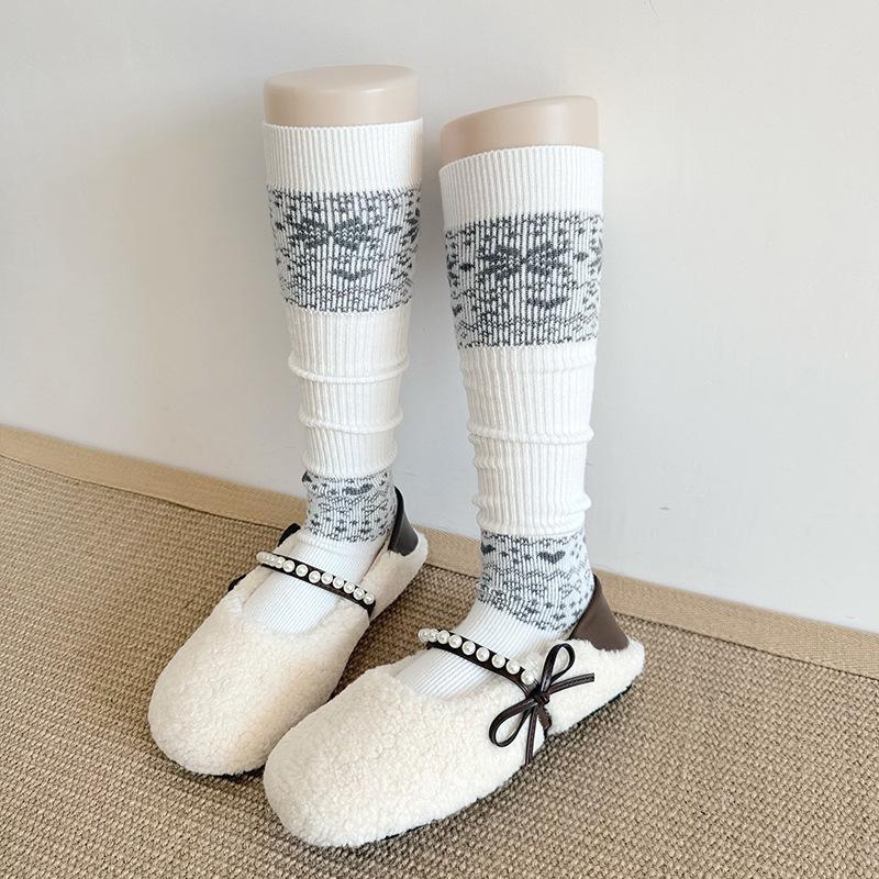 Women's Wool Mid-Calf Socks: Thickened Autumn/Winter Brown Slouch & Gray Stirrup Warmers