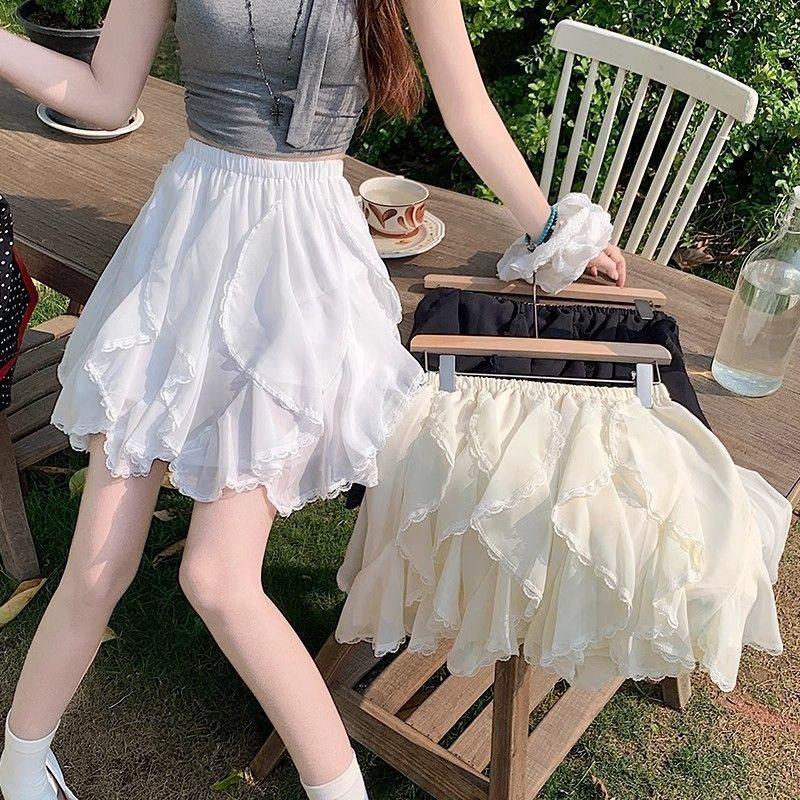 Irregular Lace Trim Puff Skirt With Splicing Detail For Summer Casual Wear