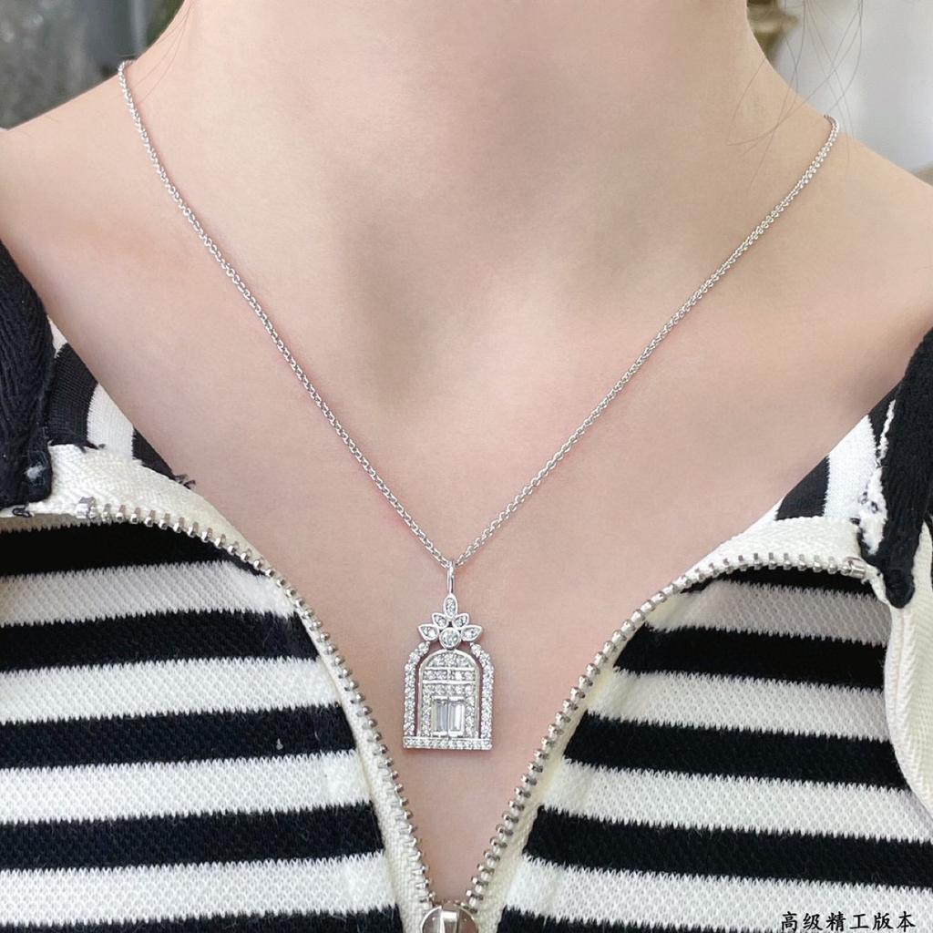925 Sterling Silver Hai Rui's Birdcage Necklace Plated 18K White Gold Full Diamond Happiness Door Pendant Clavicle Chain