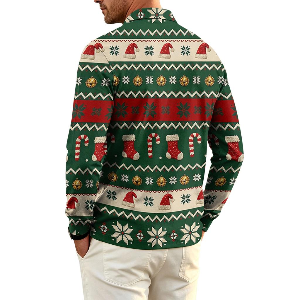 Maglia da Golf da Uomo a Maniche Lunghe con Stampa Natalizia Rete Asciugatura Rapida Top Casual Activewear