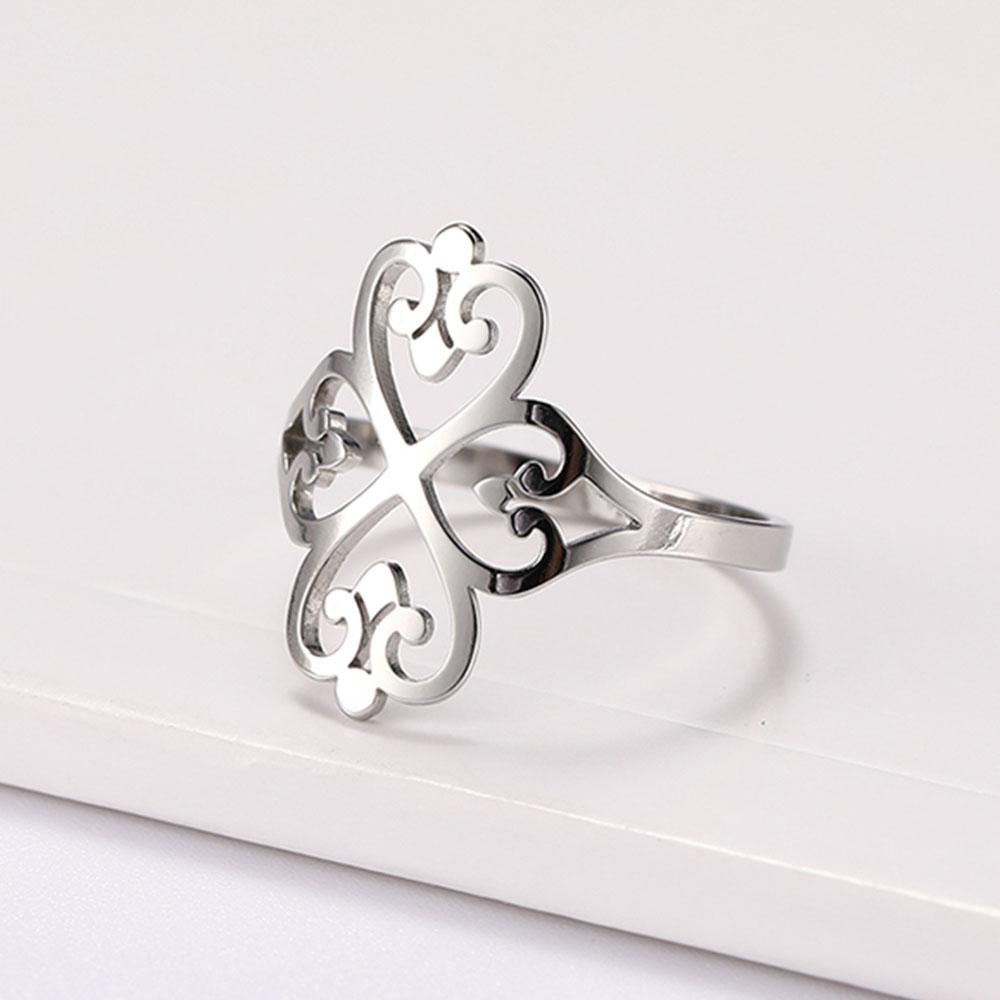 COOLTIME Geometric Filigree Flower Rings for Women Stainless Steel Vintage Four-leaf Clover Rings Wedding Birthday Party Gift