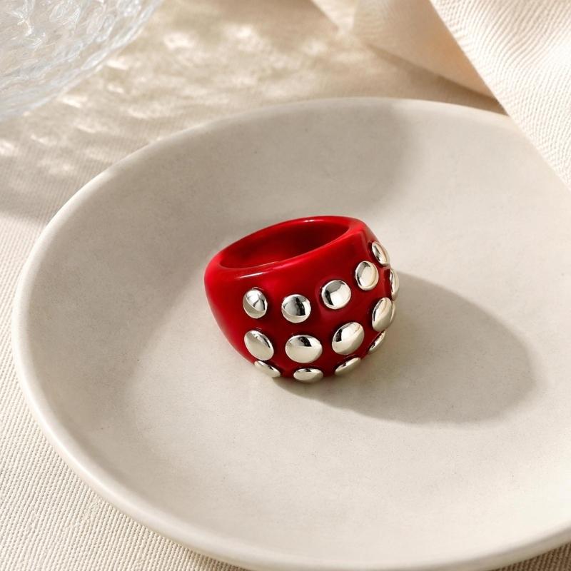Resin Studded Ring Wide Bangle, Retro Metal Dot Statement Jewelry, Punk Y2K Bold Bracelet Ring for Women Party Daily Outfit