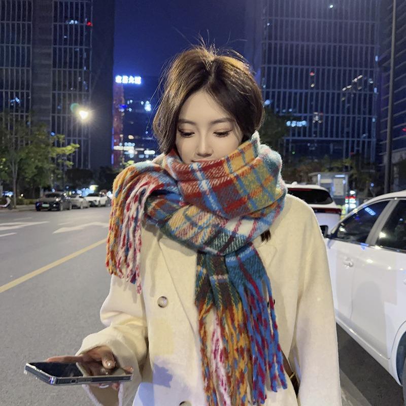 Herbst- und Winter Regenbogenkaro Imitat Kaschmir Schal Studentenpaar warmer Schal lange Stola