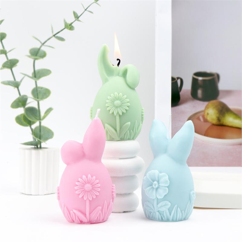3D Easter Bunny Egg with Flowers Silicone Candle Mold DIY Rabbit Ear Round Egg with Daisy Hibiscus Flowers Candles Gypsum Crafts