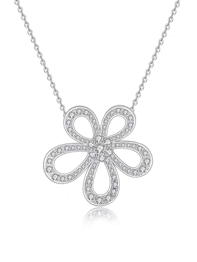 

S925 стерлинговое серебро нишевый легкий люкс полный бриллиант большая подвеска в виде цветка цепочка для ключицы женский темпераментный универсальный кулон в виде клевера 925 Silver