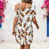 Women Plus Size One Shoulder Strappy Short Sleeve White Cartoon Wolf Printed Loose Dress