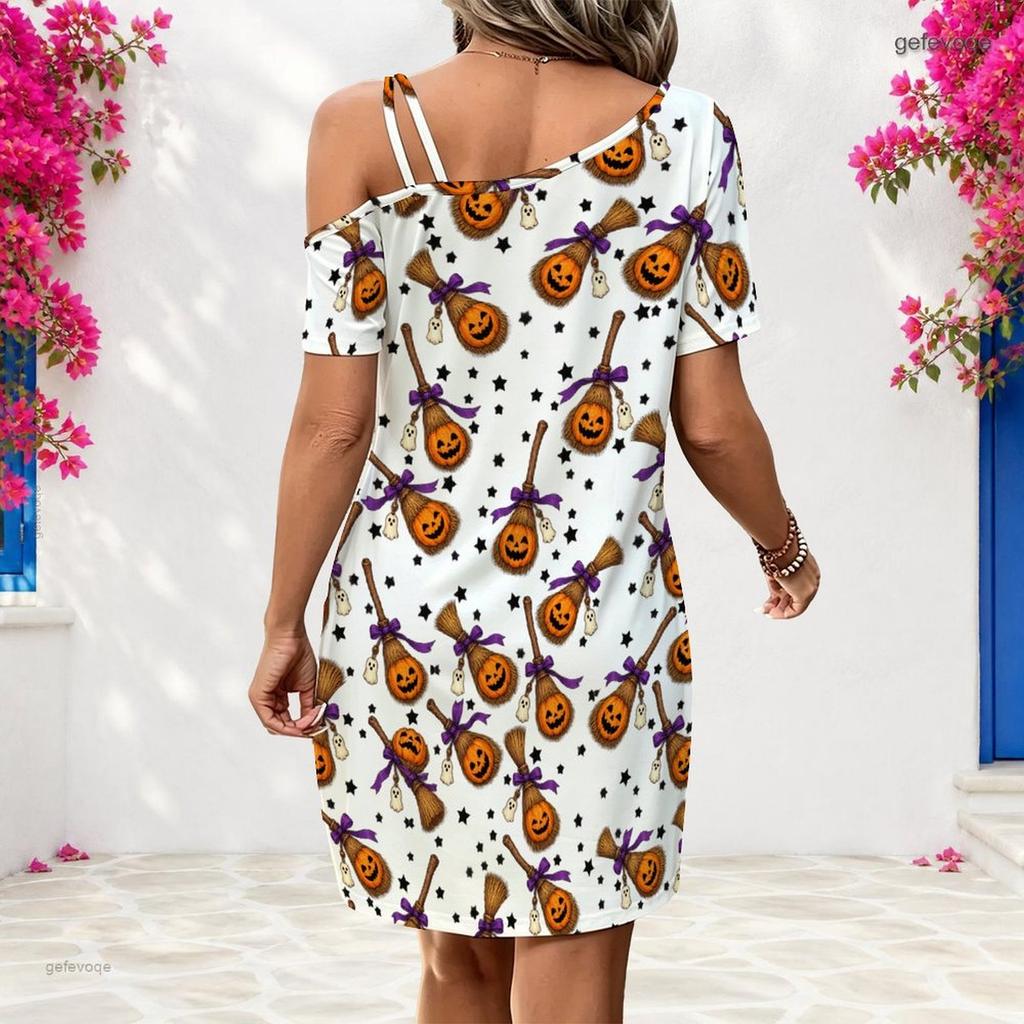 Women Plus Size One Shoulder Strappy Short Sleeve White Cartoon Wolf Printed Loose Dress
