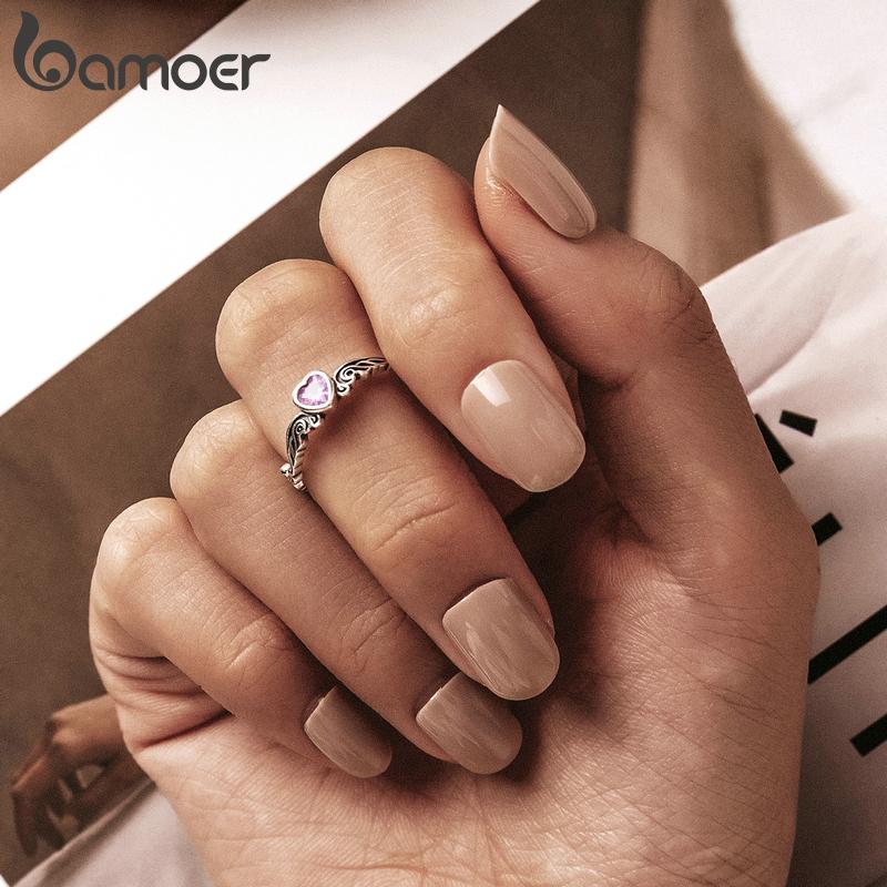 Bamoer 925 Sterling Silver Vintage Pattern Heart Ring for Women Adjustable Ring Fashion Jewelry