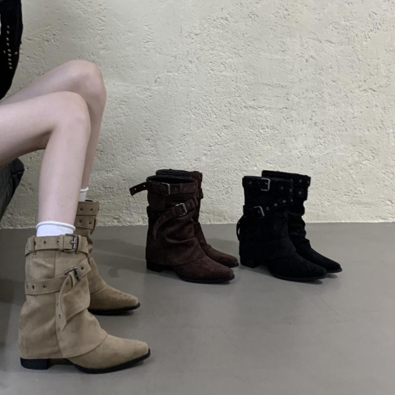 Autumn Winter Belt Buckle Women Western Ankle Boots Elegant Pointed Toe Thick Heel Shoes Female Vintage Knight Short Booties
