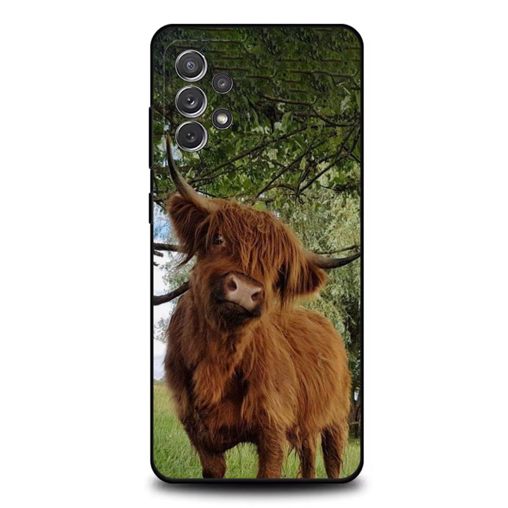 Mielas Škotijos galvijas telefono dėklas Samsung S25,S24,S21,S22,S23,S30,Ultra,S20,Plus,Fe,Lite,Note,10,9,5G Juodas dangtelis