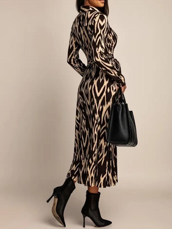 2026 Autumn/Winter Leopard Print Tie-up Midi Dress: Women's Slim Fit, Long Sleeve Fashionable Style