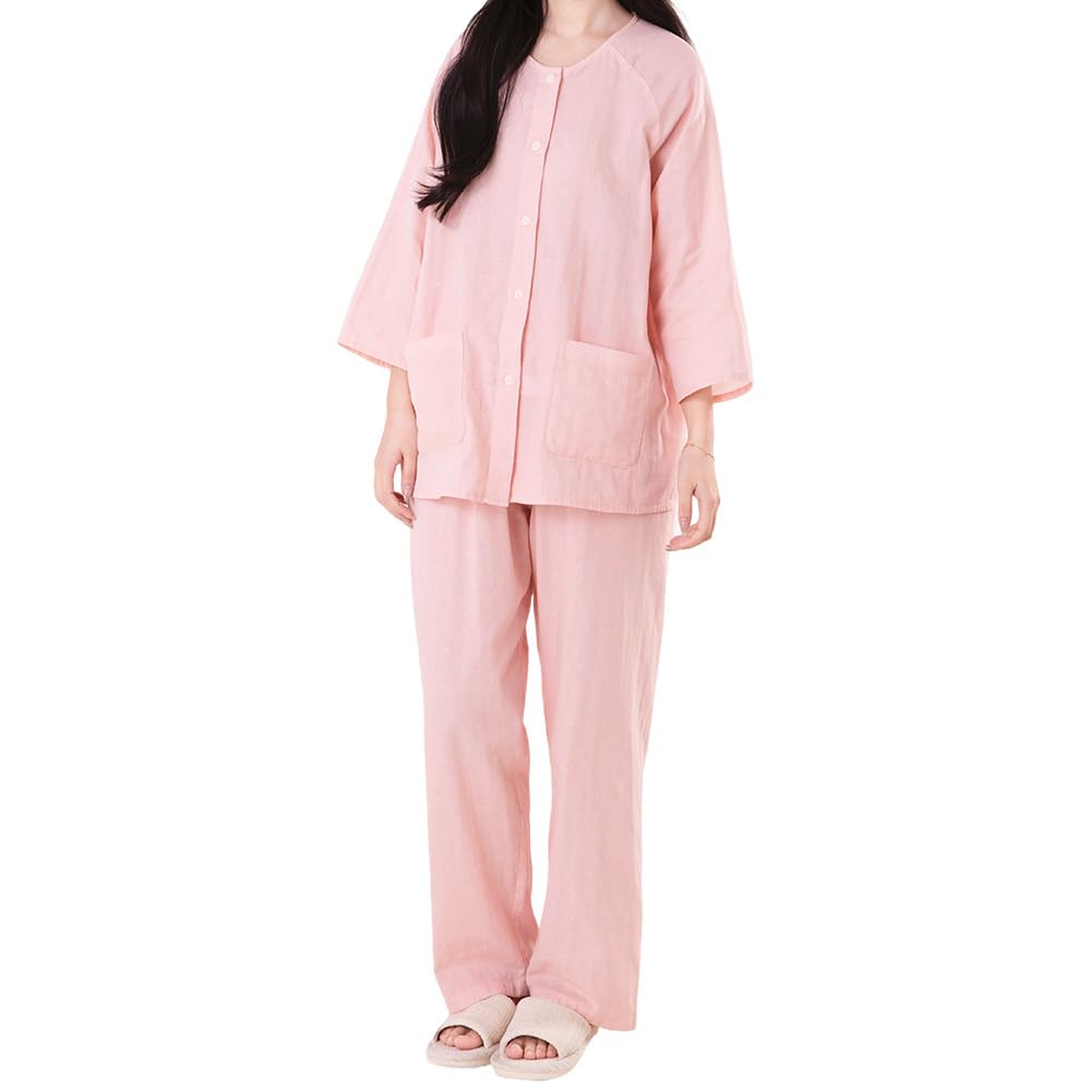 Yes Family Double Gauze Pajama Polka Dot Size Pink Polka Dots Women's Set, 100% Cotton, 3/4 Sleeves, Pattern, M,