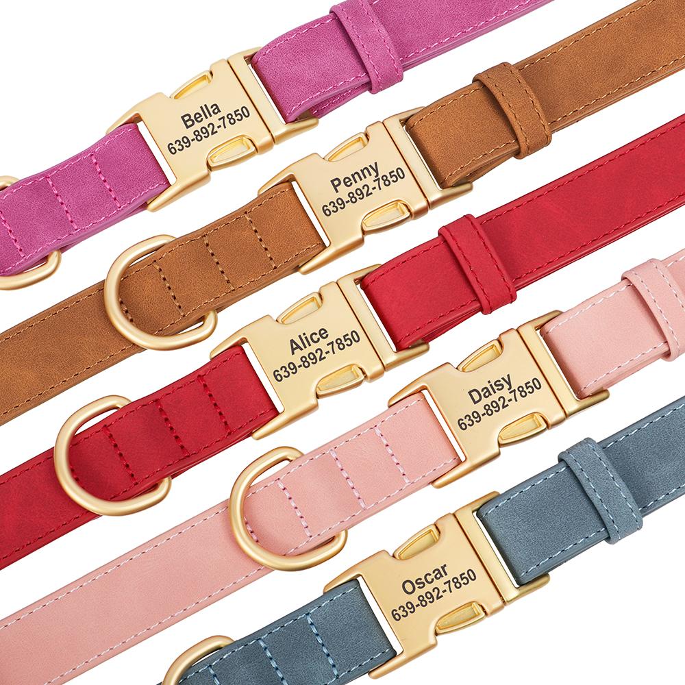 Custom Dog Collar PU Leather Dogs Collars Personalized Pet Necklace Adjustable for Small Medium Large Dogs Bulldog Pug Pink