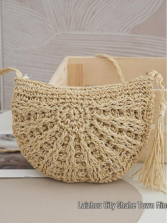

2024 Плетеная вручную соломенная сумка кроссбоди - Популярная летняя женская сумка на плечо для пляжного отдыха кремовый