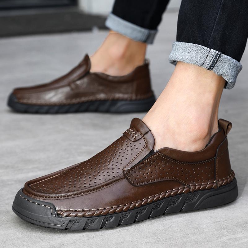 Men's Hollow Leather Shoes Handmade Moccasins Loafers Slip On Flats Walking Shoes