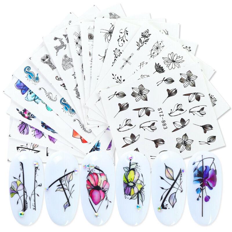 14 Sheets Nail Art Stickers Ink Outline Flower Water Transfer Decals Tips DIY