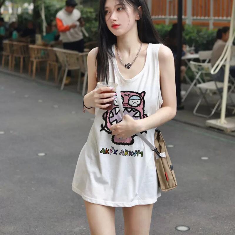 

Summer Sleeveless Round-neck Sexy Mid-length Vest T-shirt, Strappy Dress Top S белый