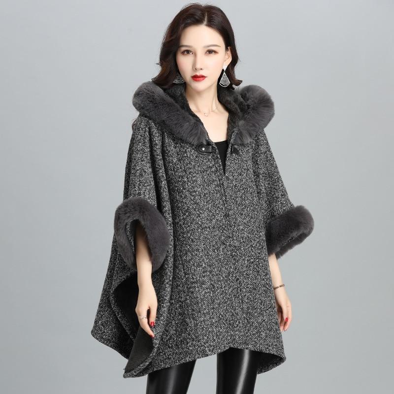 

7 цветов 2022, зимнее теплое толстое пальто с рукавами «летучая мышь», роговая пряжка, свободный плащ, бархатное пончо, накидка, женское пальто с воротником из искусственного меха для покупок One Size темно серый