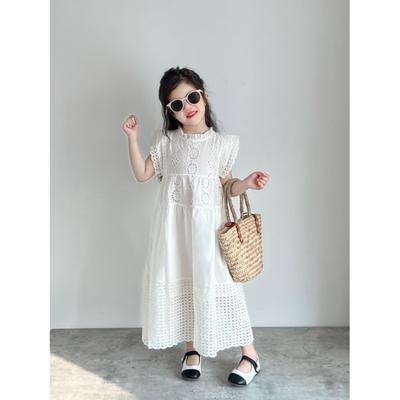 Girls' Summer Korean-Style Lace Openwork Flowy-Sleeve Dress: Fairy Dress, Formal Dress, Princess Dress