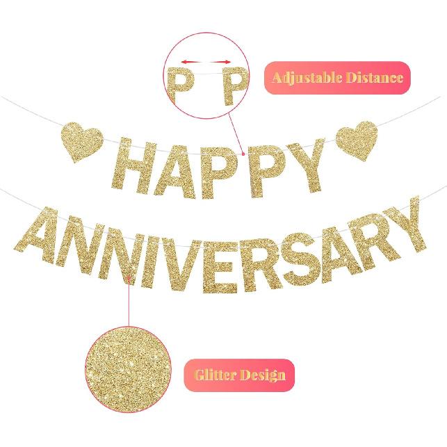 Happy Anniversary Glitter Banner - No DIY - Champagne Gold Happy Anniversary Decorations Banner for Romantic Wedding Birthday Party Decorations