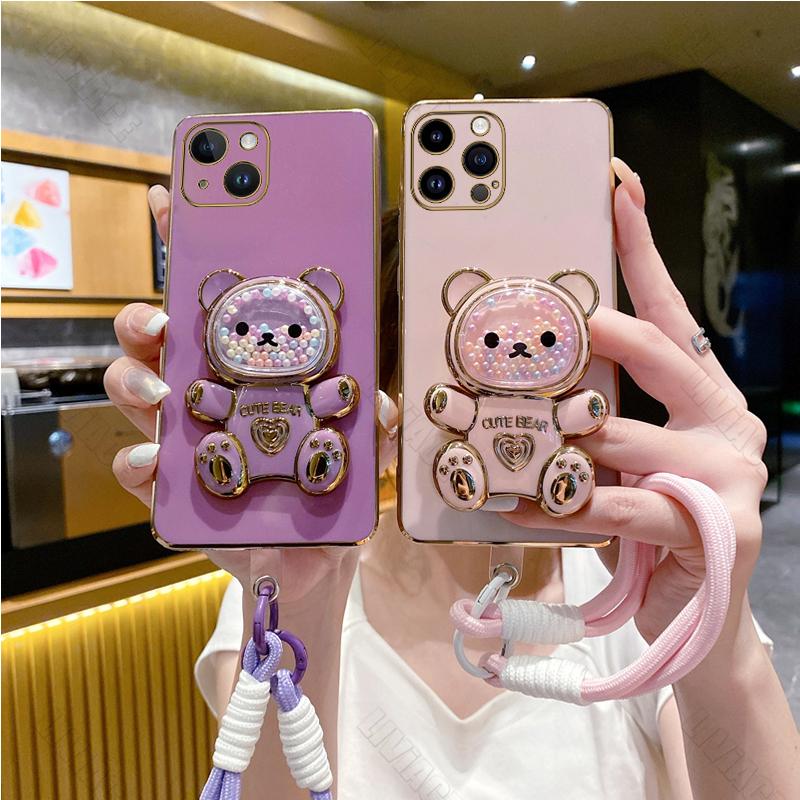 

Чохол-тримач для телефона з ремінцем із милим ведмедиком для iPhone 15 11 14 12 13 Pro Mini 8 7 6 Plus X Xr Xs Max apple13 15pro Чохол-підставка For iPhone Xs Max білий