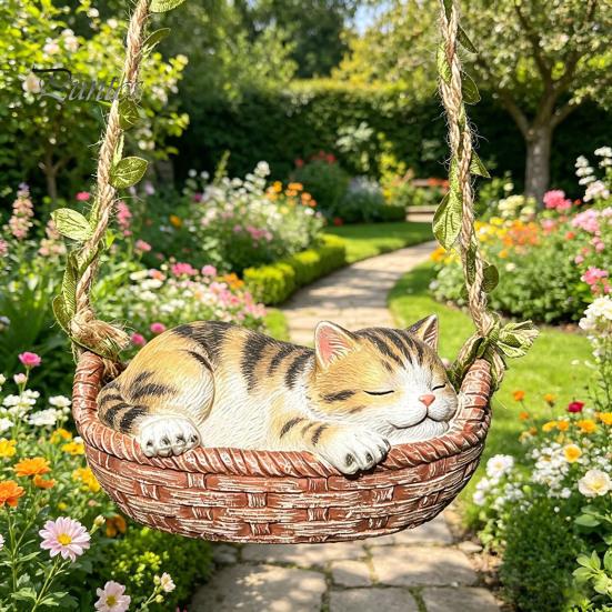 Unique Housewarming Present Hanging Basket Cat Statue, Cute Sleeping Kitten Figurine, Outdoor Decorative Resin Ornament for Garden Patio Porch