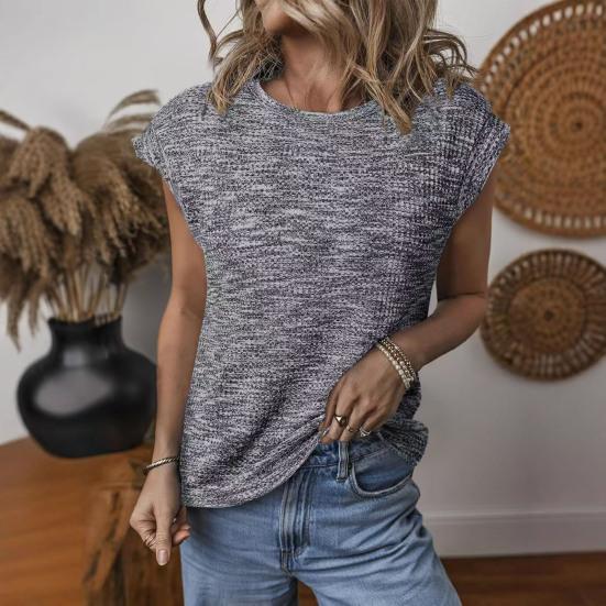 Women Tops Round Neck Short Sleeves Waffle Texture T-shirt Pure Color Loose Fit Knitted