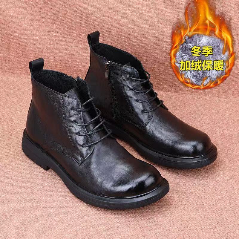Autumn and Winter Velvet Martin Boots Men's Genuine Leather Cowhide High-top Casual Leather Boots Leather Shoes Non-slip and Wear-resistan Thin Velvet