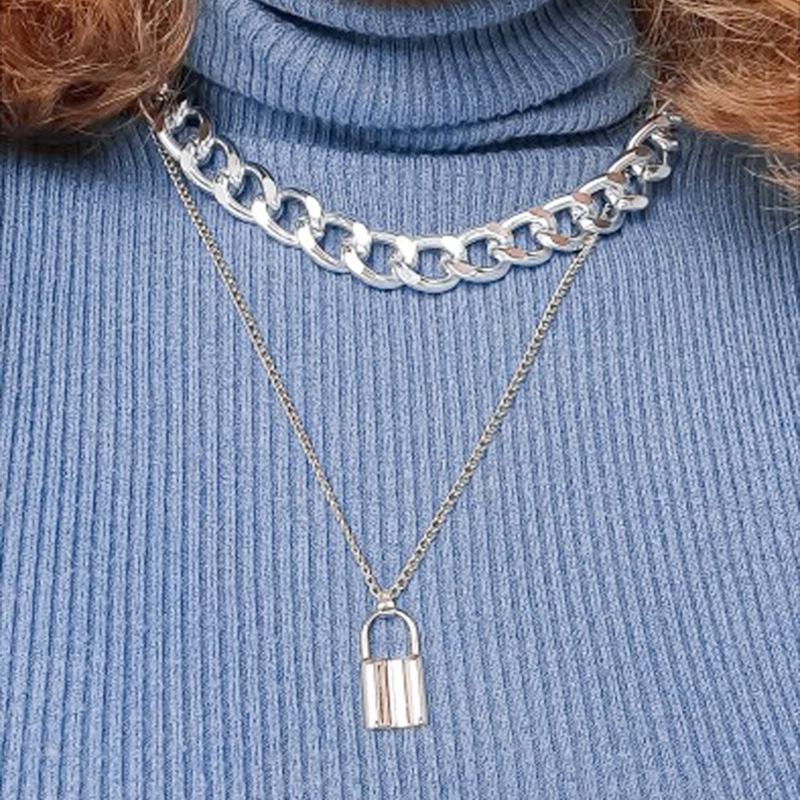 Fashion Personality Creative Metal Cold Wind Accessories, Multi-layer Lock-shaped Retro Street Auction Necklace