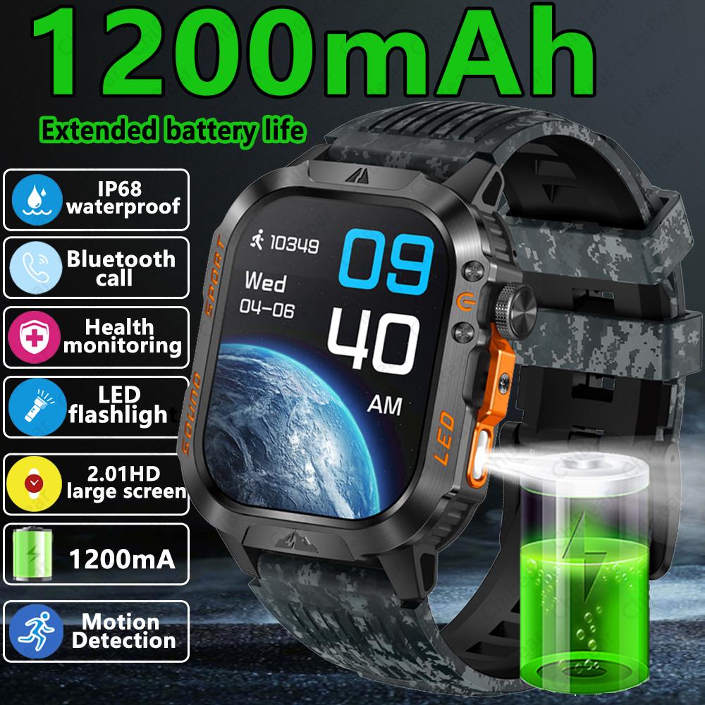 New Outdoor Sports SmartWatch Compass Sleep Monitoring LED Flashlight Heart Rate Blood Oxygen Bluetooth Call Smart Watch Men