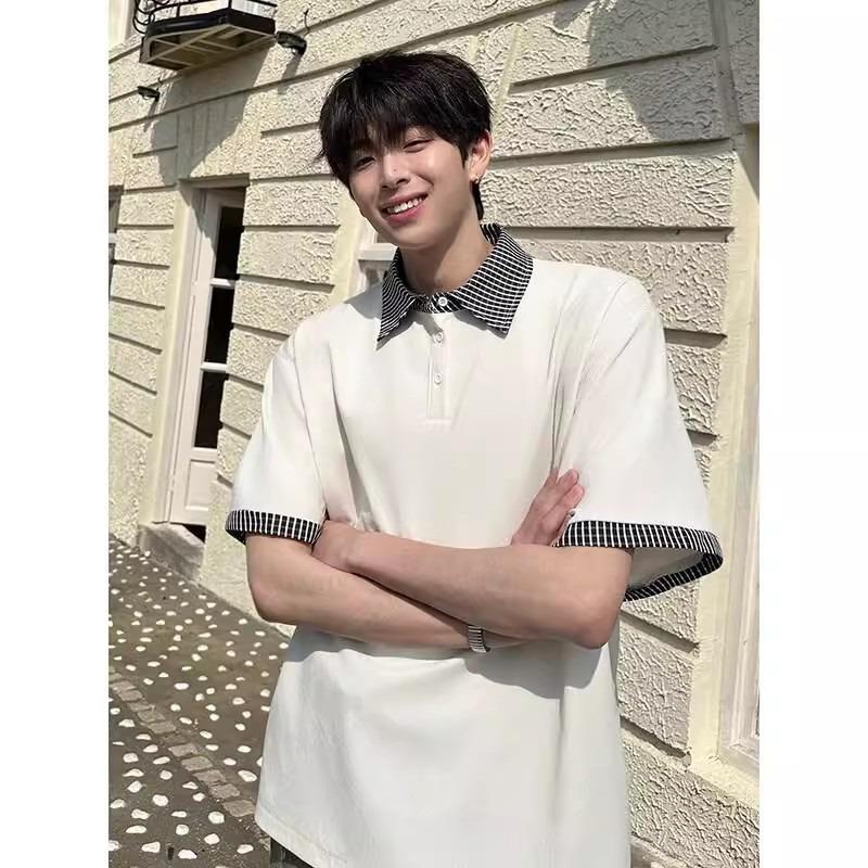 Men's Black Striped Collar Cuff Detail Polo Shirt Casual Oversized Streetwear Top