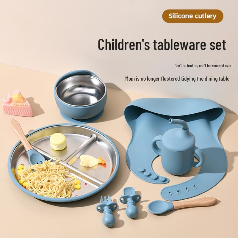 Children's Feeding Tableware Set: Stainless Steel Divided Plate with Food-Grade Silicone Suction Bowl and Spoon