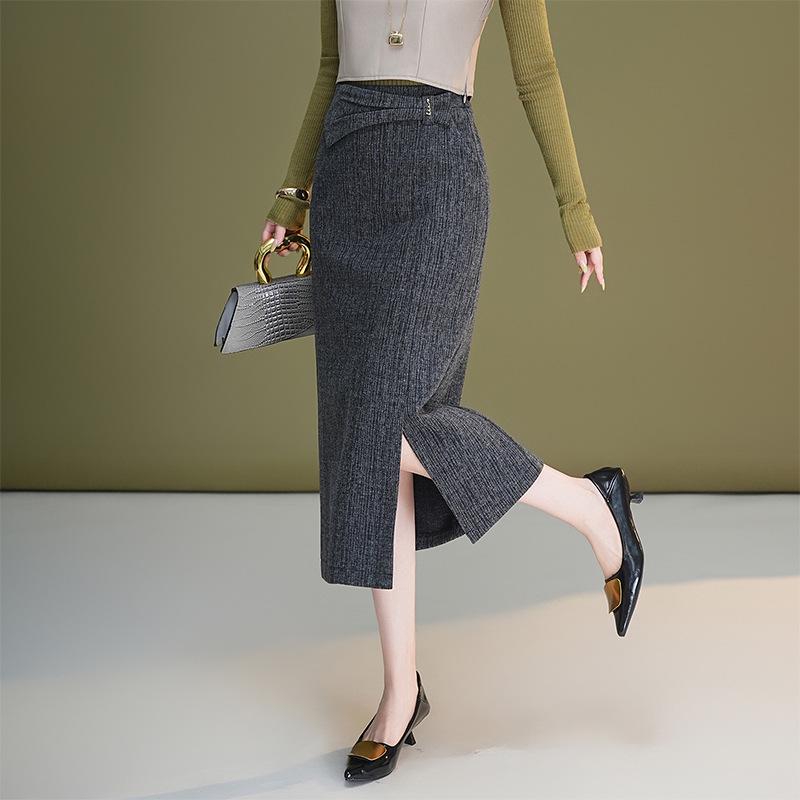Women's High-Waisted Slit Pencil Skirt - Autumn Slim Fit Fashionable Drape Style