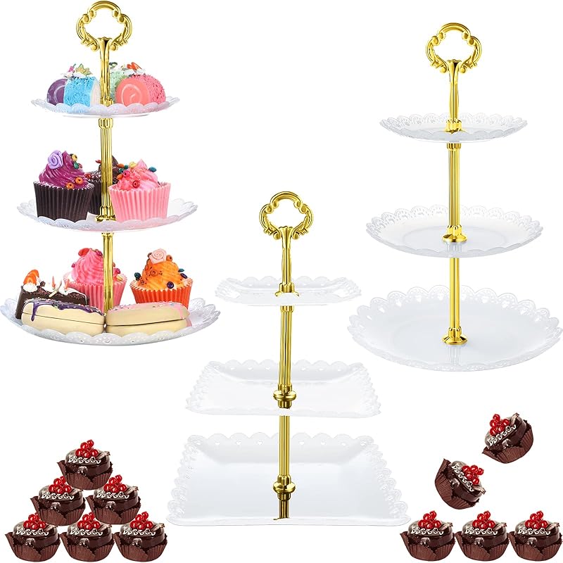 Honeydak 3 Sets of 3 Tier Serving Tray 3 Tiered Dessert Stand Wedding Cupcake Stand PP Plastic Cupcake Holder Dessert Tray Cake Fruit Candy Table белый