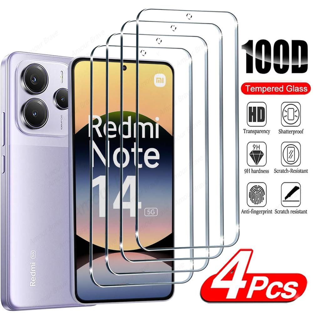 

4 шт. 9H Скляний захисний екран для XiaoMi Redmi Note 14 4G Note14 5G Global Загартоване скло, HD Ультратонкий Без бульбашок, Стійкий до подряпин, Легко встановити Redmi Note 14 4G