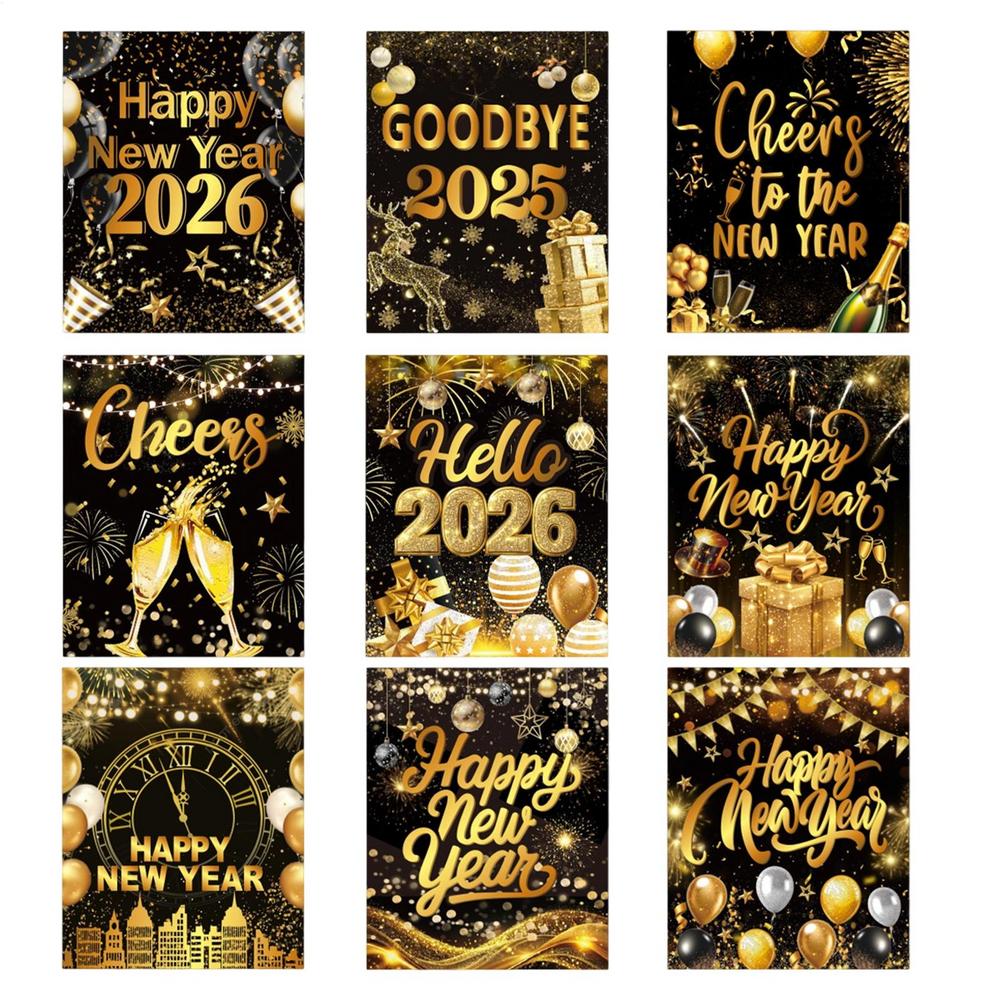9pcs Happy New Year Wine Bottle Labels Stickers 2026 New Years Eve Party Decorations Black Gold Beer Bottle Stickers Decor 12.7x10.2cm