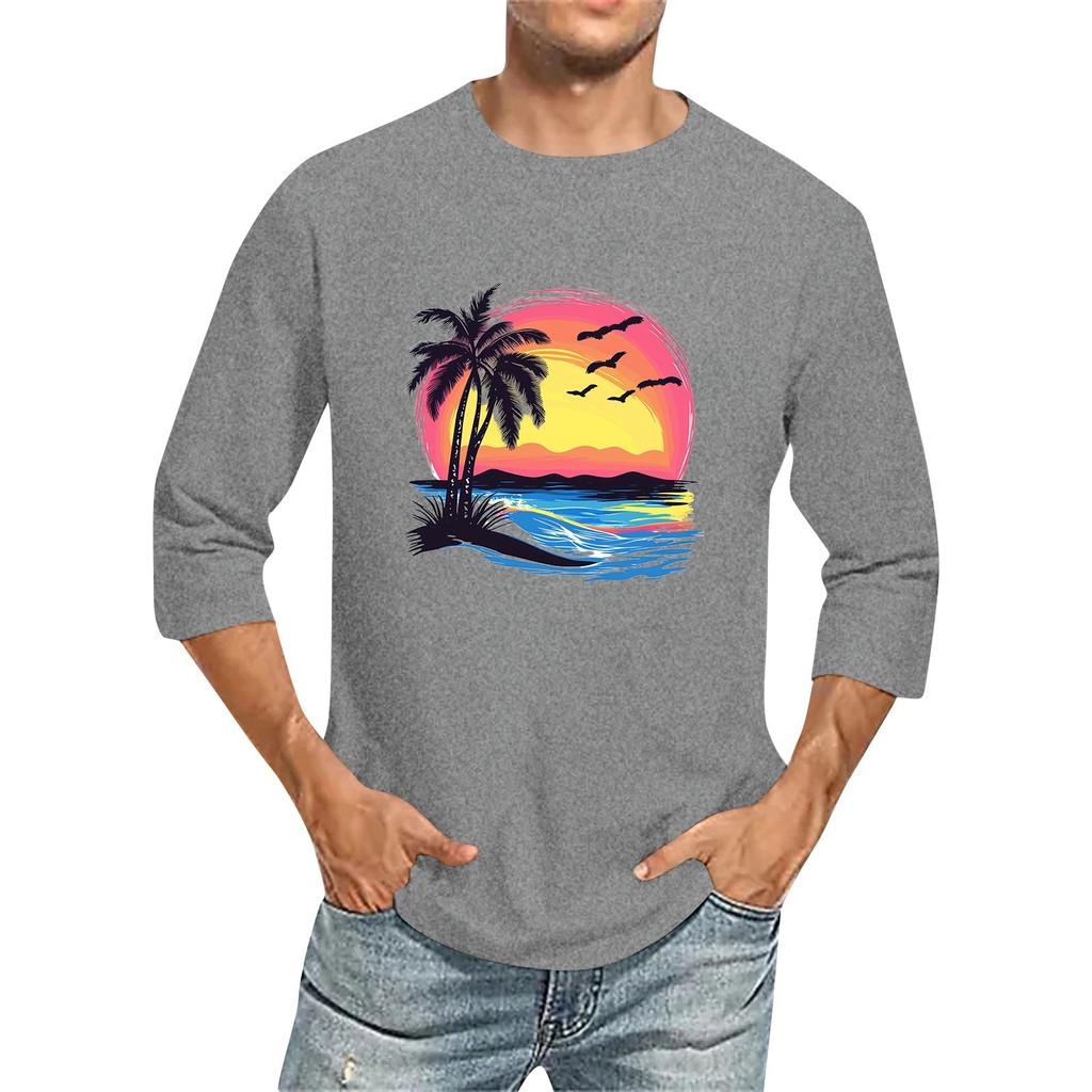 Jednobarevné pánské tričko s kulatým výstřihem a tříčtvrtečním rukávem