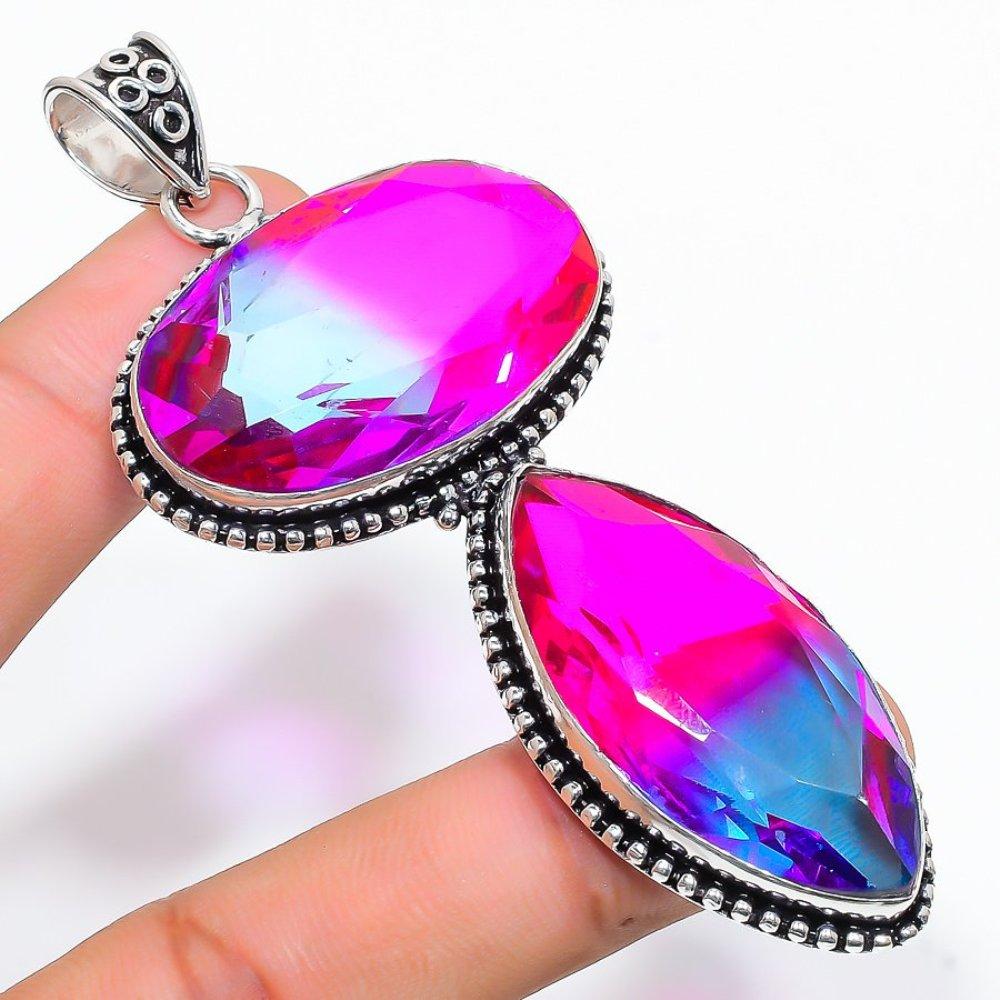 Natural Bi-Color Tourmaline Handmade 925 Sterling Silver Pendant 3.47" D1w57