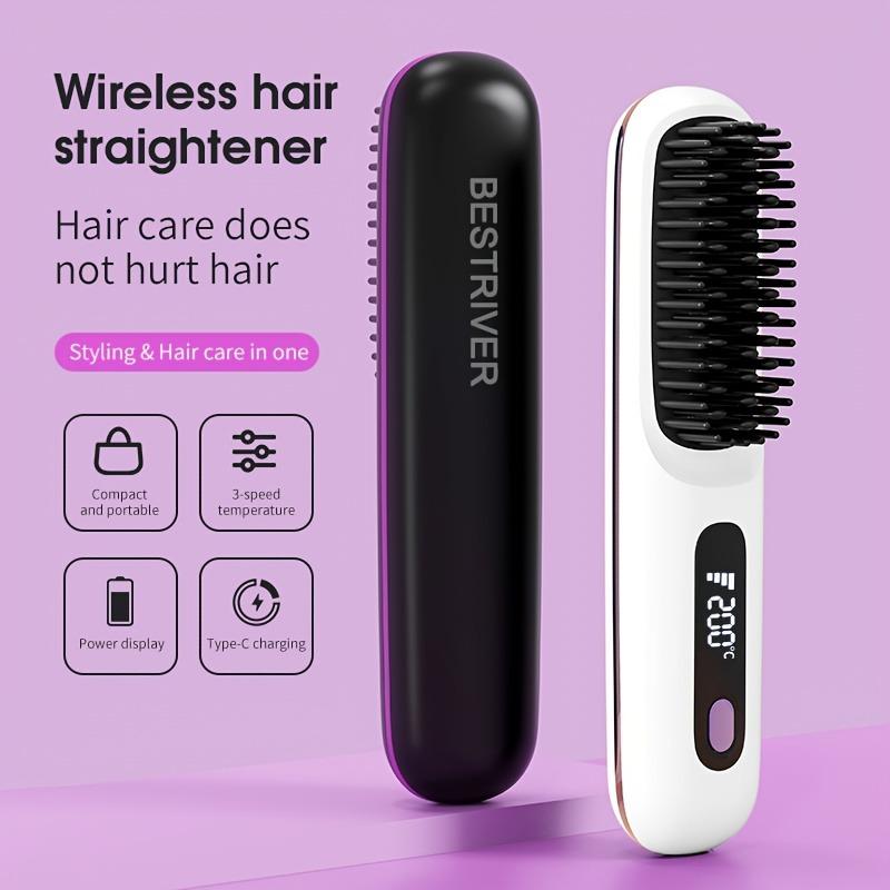 1PC portable wireless hair straightener brush, constant temperature and anti-scalding , hot comb function, Type-C fast charging, LCD screen display