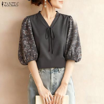 Women Casual V-Neck Loose Print Splice Half Sleeve Blouse