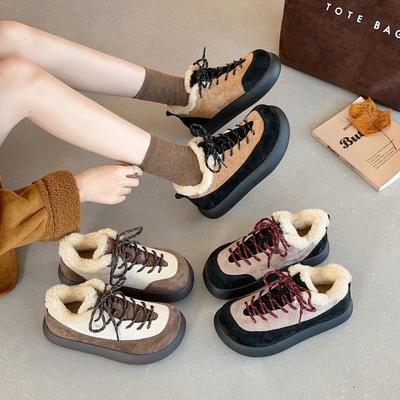 Leather Color Matching Lace-up Platform Bread Shoes Women's 2025 Winter Inner Warm Snow Boots Outdoor Casual Cotton Shoes Tide