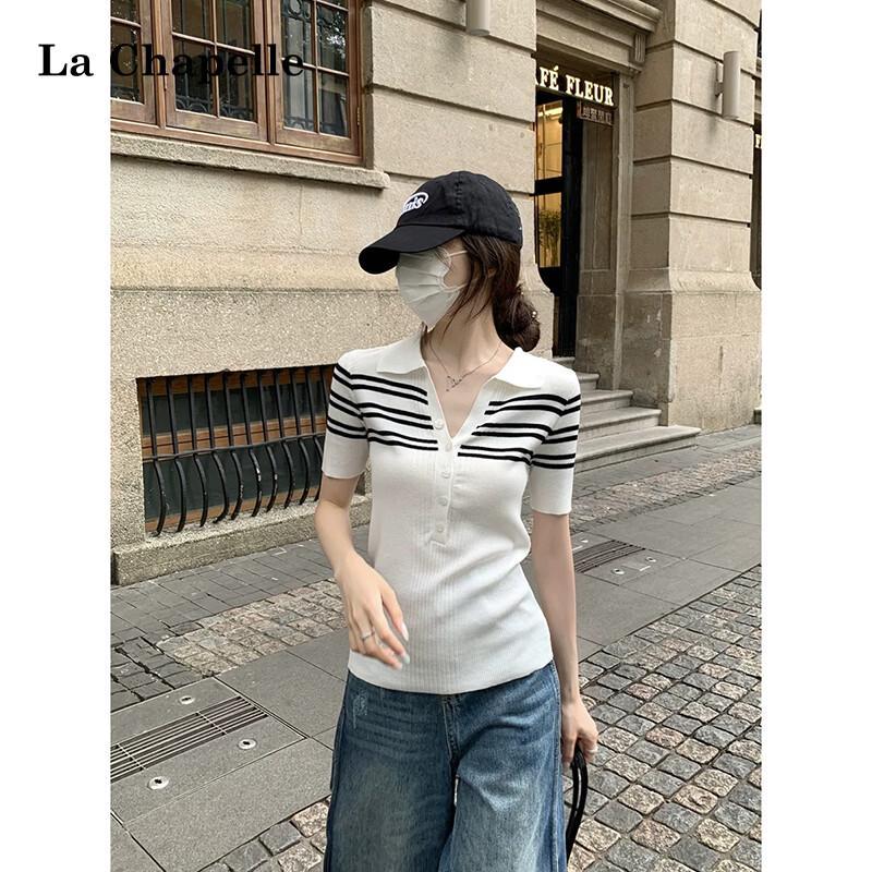 La Chapelle Women s Striped Knit Polo T-Shirt One Size