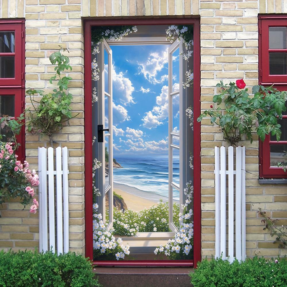 1pcs Self Adhesive Removable Vinyl Door Stickers Sea View Window Stickers Living Room Bedroom Entrance Decoration Stickers Blue