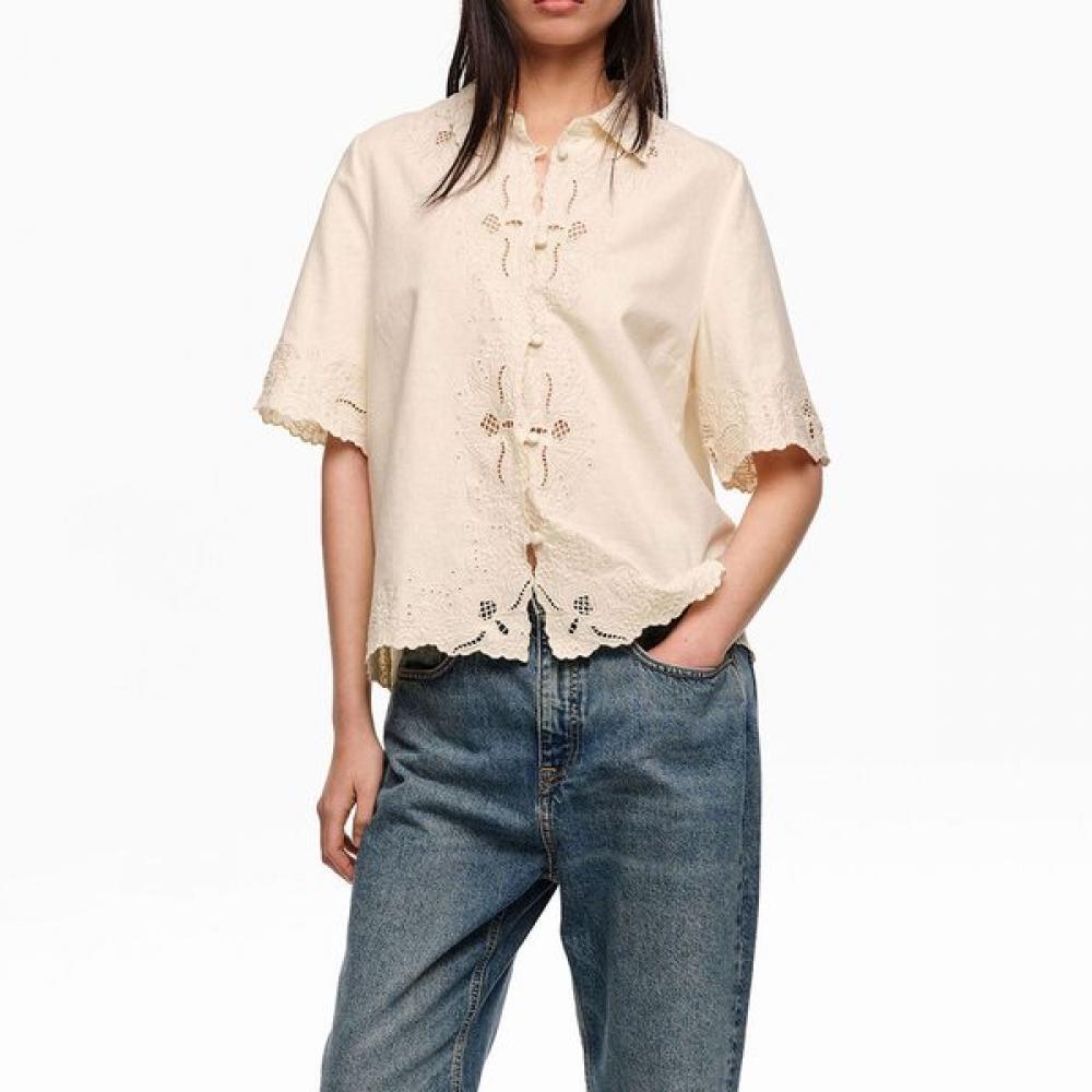 Bimba Y Lola Linen Cotton Embroidered Shirt   Beige B265awb015beb Beige/M