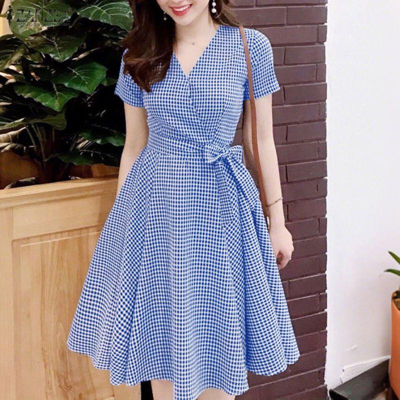 ZANZEA Women Casual V-Neck Summer Short Sleeve Plaid Print Dress