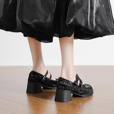 Mary Jane noires pour femmes printemps 2025 perles nœud talon haut nouvelles chaussures en cuir petites rétro à talon épais français
